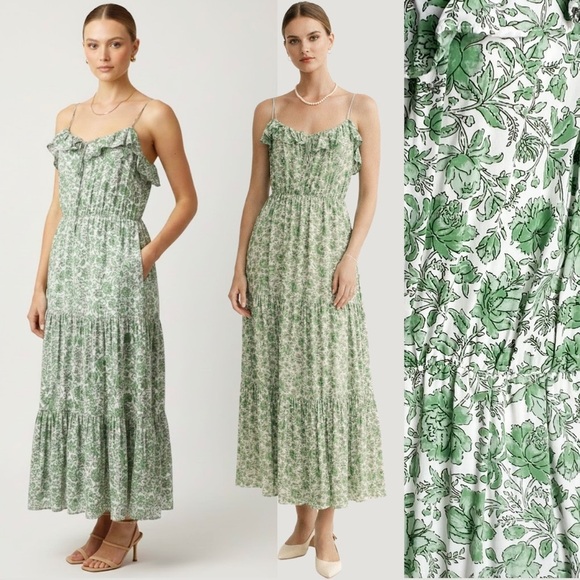 J. Crew Dresses & Skirts - Jcrew Floral Maxi Tiered Ruffle Dress Green Victorian Coquette Cottage Resort M